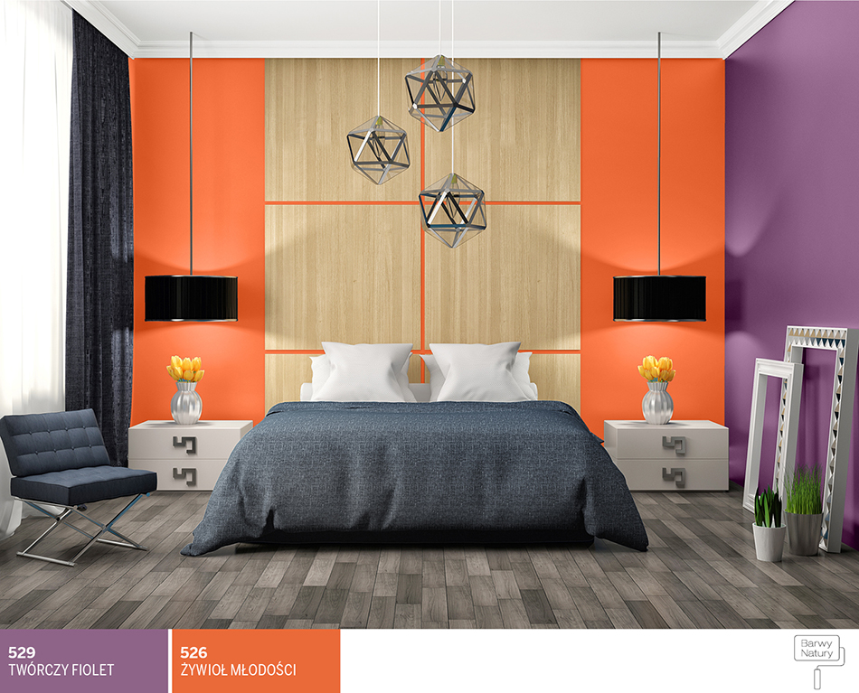 Sypialnia w barwach fioletu i pomarańczy