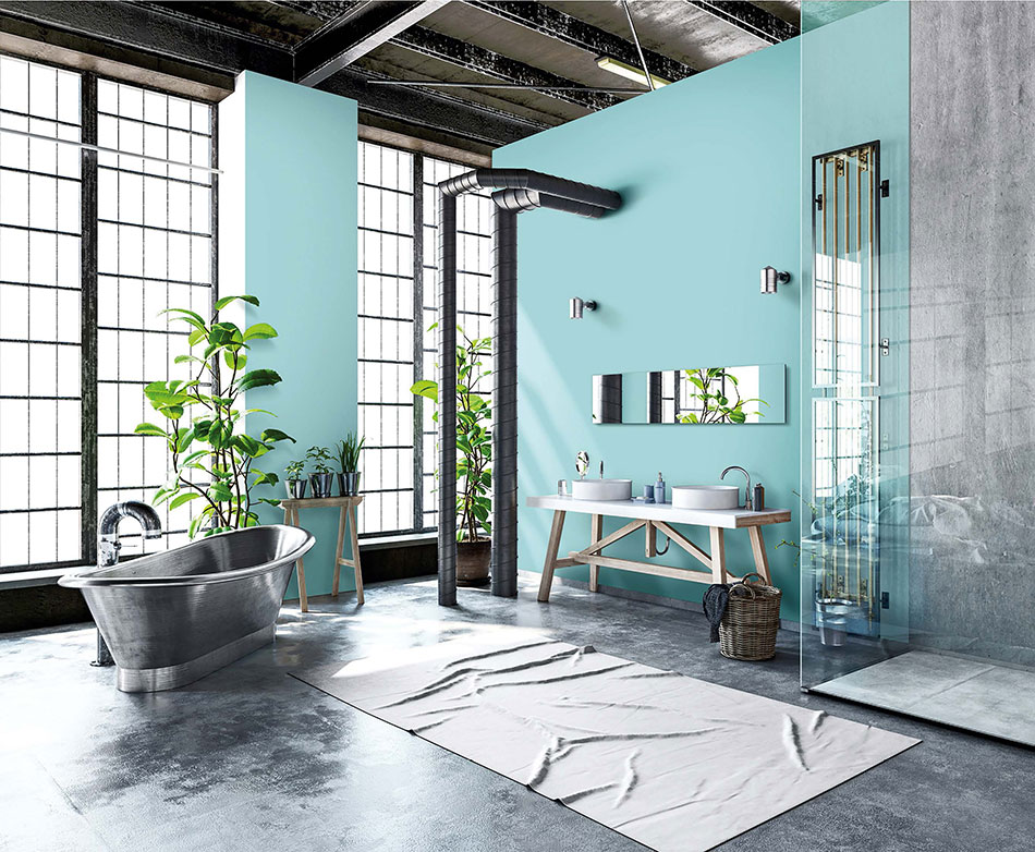 Industrialna aranżacja łazienki w odcieniach szarości i błękitu