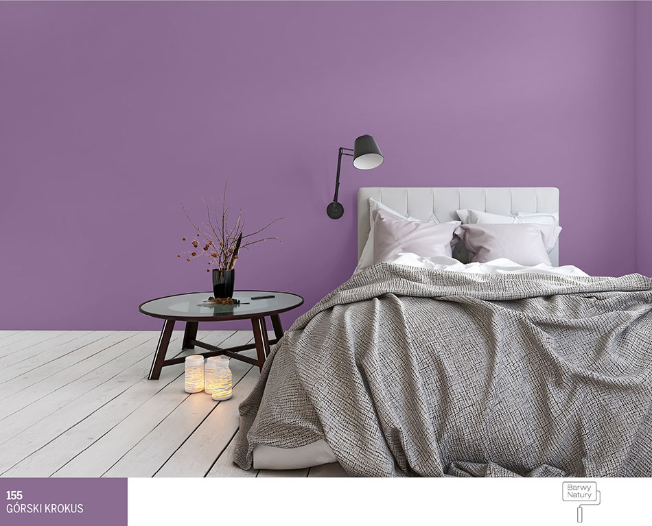 Minimalistyczna sypialnia w odcieniach fioletu i szarości
