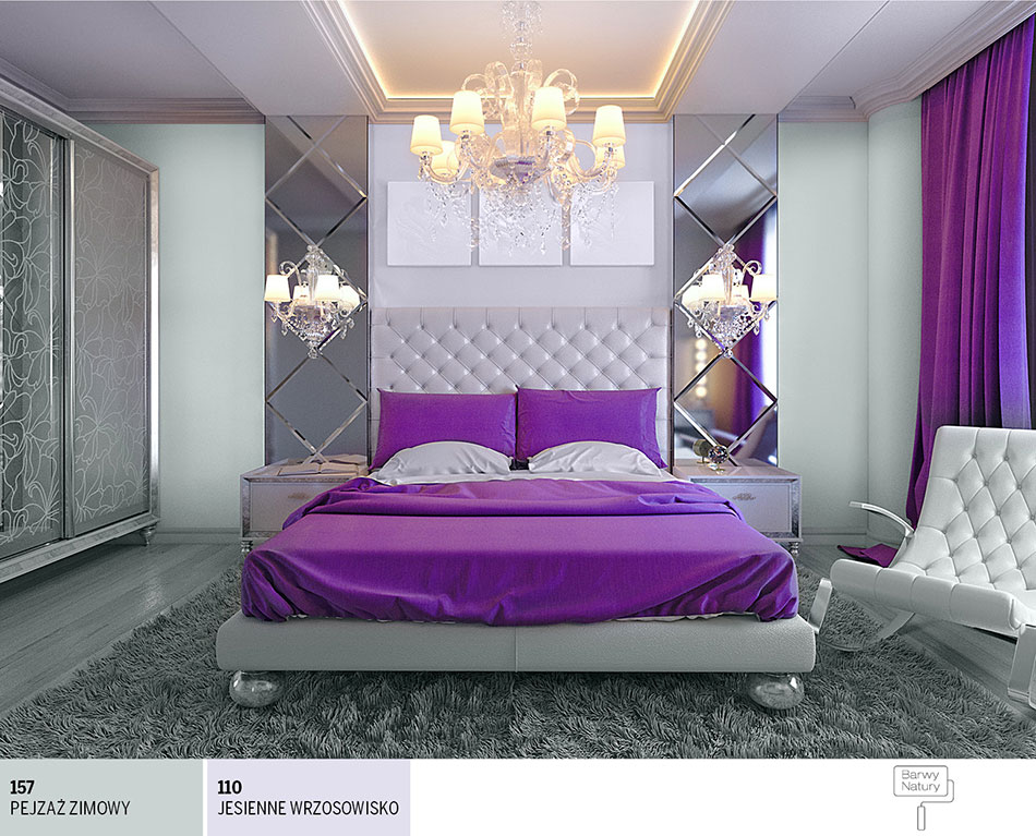 Szary i fioletowy w sypialni w stylu glamour